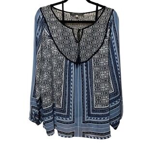 Rose & Olive Blue Geometric Tile Print Tassel Tie Boho Blouse Plus Size 1X